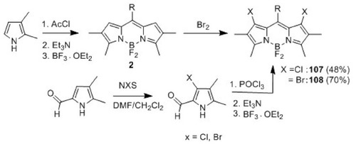 Figure 17 Synthesis of 1,7-dihalogenated BODIPYs 107 and 108.