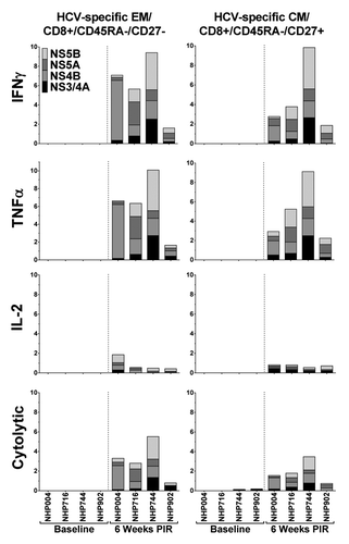 Figure 7. HCV-specific memory T cells persist in circulation. At the final timepoint of the study, 6 wk PIR, cytokine-secreting and putative cytolytic (surface-CD107a+/GrzB+) memory-like CD8+ T cells remained detectable in the blood, as compared with baseline samples, in response to HCV-peptide stimulation. Memory-like CD8+ T cells were characterized as effector (EM; CD45RA-/CD27-) or central (CM; CD45RA-/CD27+) memory phenotypes.