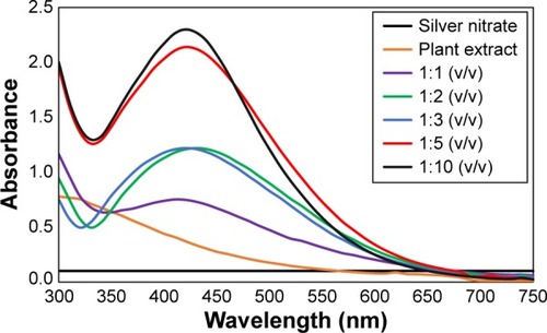 Figure 3 UV–Vis spectrum of AgNPs.Note: Plantlets extract/AgNO3 (v/v) reaction mixtures in different ratios after 12 hours of incubation.Abbreviations: UV–Vis, ultraviolet–visible; AgNPs, silver nanoparticles.
