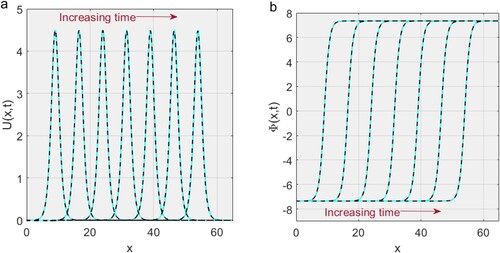 Figure 5. Presenting a precise comparison between the exact and numerical results of U(x,t) in Equation (Equation16(16) Utt+Uxxxt+α(2UxUt+UUxt)+αUxx∫−∞xUtdζ=0.(16) ) (a) and Φ(x,t) in Equation (Equation17(17) Φxtt+Φxxxxt+α(ΦxΦt)xx=0,(17) ) (b). The blue-dashed lines present the exact solutions and the black-solid lines indicate the numerical results. The parameter values are w=3.0,k=2.0,α=0.50,μ0=−18.0, t=0→30 and x=0→60.