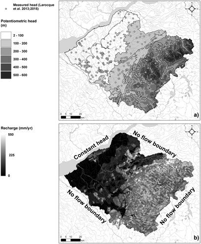 Figure 3. Hydrogeology of the study area: (a) piezometric map, and (b) distributed recharge and groundwater model limits (both panels modified from Larocque et al. Citation2013, 2015).