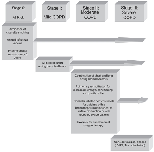 Figure 5 Treatment of COPD by stage. Reproduced from CitationLipson DA. 2004. Redefining treatment in COPD: new directions in bronchodilator therapy. Treat Respir Med, 3:89–95. Erratum in Treat Respir Med, 3:181. Copyright © 2004, with permission from Adis International Ltd.