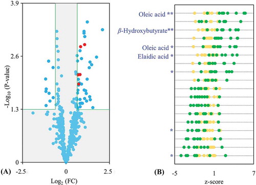 Figure 3. Volcano plot of serum extracts comparing normal and high fructose diets-fed mice in the same order (A). The red dots represent selected putative markers with a p-value <0.05 and fold-change cutoff of > or <2. Z-score plots for the comparison between normal (yellow) and model (green) candidate metabolites from the results of multivariate statistical analysis (B). Each point represents one metabolite in one sample. A total of seven metabolites were cross-selected based on the preliminary screening result of univariate Wilcoxon Mann–Whitney test and z-score value, which were plotted with * in z-score plot. *p < 0.05, **p < 0.01 (n = 8).Figura 3. Diagrama de volcán de extractos de suero que comparan ratones alimentados normalmente con ratones alimentados con dietas altas en fructosa, en el mismo orden (A). Los puntos rojos representan marcadores putativos seleccionados con un valor-p < 0.05 y un tope de cambio en el incremento de veces [fold-change cutoff] de > o < 2. Diagramas de datos Z para la comparación entre metabolitos candidatos normales (amarillos) y modelos (verdes), a partir de los resultados del análisis estadístico multivariado (B). Cada punto representa un metabolito en una muestra. Se seleccionó un total de 7 metabolitos de manera cruzada, a partir del resultado preliminar de la prueba univariante Wilcoxon Mann-Whitney y el valor de datos Z, diagramados con *en el diagrama de datos Z. *p < 0.05, **p < 0.01 (n = 8).