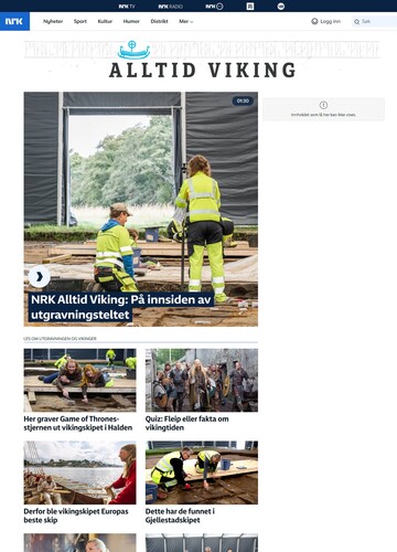 Figure 2 The landing page for NRK: Always Viking. Although the site is still up, the Q&A section, marked on the image with a greyed-out box and an exclamation mark, was shut down soon after the livestream ended and is no longer visible on the page. Photo: Screenshot, nrk.no/alltidviking.