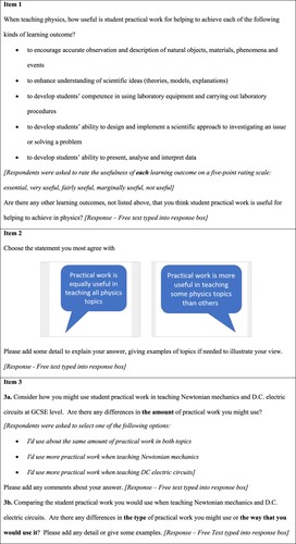 Figure 1. Summary of the questionnaire items.