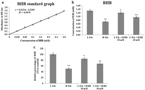 Figure 2. Ketosis cell model construction and inhibition of glucose starvation induced ketosis by MSM in FL83B cells.Note: Analysis of ketone body formation using BHB colorimetric assay: (a) BHB standard graph. (b) Estimation of BHB concentration (mM) after glucose starvation (3%), treatment with high glucose (9%), low glucose plus 30 or 40 mM MSM for 24 h. (c) Relative expression (%) of BHB with respect to the low glucose ketosis group. Statistical analysis was done by using ANOVA test. L Glc, low glucose (3%); H Glc, high glucose (9%); *P < 0.05 and **P < 0.001.