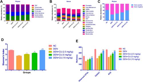 Figure 10 Effect of curcumae on the microbiota richness and distribution at genus, species and phylum level in obesity-induced hepatocellular carcinoma in rats. (A) relative abundance of major bacteria at phylum level, (B) relative abundance of major bacteria at genus level, (C) relative abundance of gram-negative or gram-positive bacteria, (D) Shannon index, (E) richness. Tested group rats were compared with the DEN control group rats. *P<0.05, **P<0.01 and ***P<0.001 were considered as significant, more significant and extreme significant, respectively.