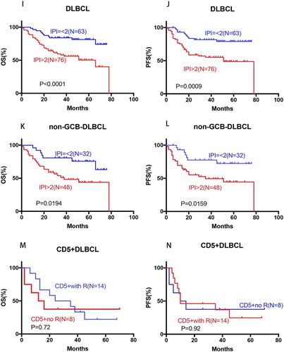 Figure 3. Prognosis significance of IPI in de novo DLBCL, OS and PFS of CD5-positive DLBCL patients treated with or without rituximab. (I–L) IPI > 2 was correlated with significantly poor OS and PFS in the overall, and non-GCB- DLBCL cohorts; (M–N) no beneficial change was observed for CD5-positive DLBCL patients after the introduction of rituximab.