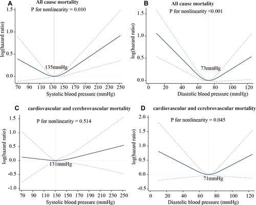 Figure 3 Restricted cubic spline plots of the association between blood pressure and risk of death. (A) SBP: all cause mortality; (B) DBP: all cause mortality; (C) SBP: cardiovascular and cerebrovascular mortality; (D) DBP: cardiovascular and cerebrovascular mortality.