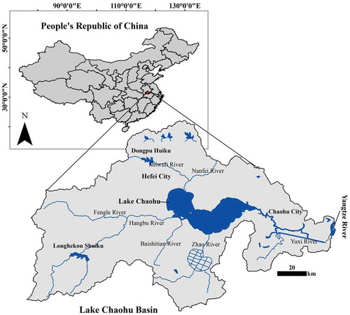 Figure 1. The Study Area (Inset: Location of Lake Chaohu in China). Source: The data for the map were extracted from the DIVA-GIS database (http://www.diva-gis.org/), ©1995-1998, LizardTech, Inc.