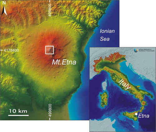 Figure 1. Geographical framework of Etna volcano. The white box indicates the investigated area. The image of the Italian territory is obtained from the TINITALY DEM re-sampled to 100 m resolution, available at: http://tinitaly.pi.ingv.it/download_image.html. The image is referenced in WGS 84 UTM zone 33 N. Beyond the borders of Italy, the DEM is represented by the SRTM dataset (Europe), available at: http://geodati.fmach.it/gfoss_geodata/SRTM-Italy/, and GEBCO dataset (sea), available at: http://www.gebco.net/data_and_products/gridded_bathymetry_data/.
