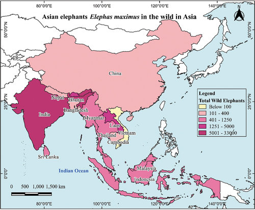 Figure 1. Map of elephant-ranging countries in Asia showing the total numbers of wild elephants: Coordinate reference system (CRS); (WGS 84/UTM zone 44N) (Sukumar Citation2006).