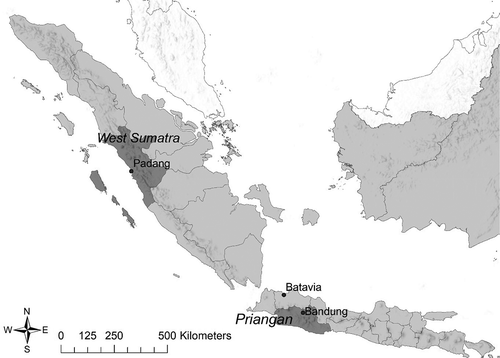 Figure 1. Map of Sumatra and Java, with West Sumatra and Priangan in dark grey. Residential borders from the 1920s