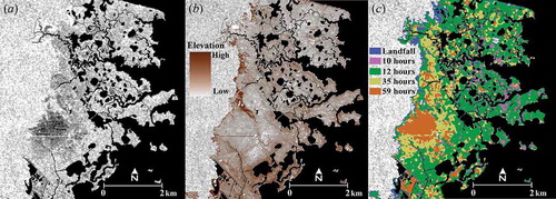 Figure 4. (a) 31 October 2012 synthetic aperture radar image, (b) topography in the depiction (the approximate range is 0.9 m (high) to 0.3 m (low)), and (c) flood persistence map. The white rectangle on Figure 1 shows the location of this area.