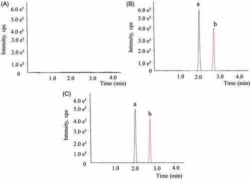 Figure 3. Representative full-scan chromatograms of (A) blank HBSS, (B) blank HBSS spiked with ART (a) and daidzein (b, IS) and (C) a study sample containing ART (a) and daidzein (b, IS) after incubation for 1 h.