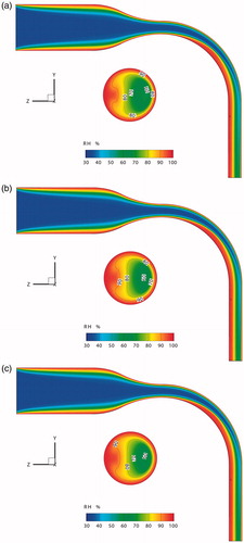 Figure 7. Relative humidity distributions of the mid-plane and outlet of the MT model for different boundary heat transfer conditions. (a) Condition 1, volume-averaged RH = 57.83%, average RH at outlet = 81.34%; (b) Condition 2, volume-averaged RH = 58.51%, average RH at outlet = 83.22%; (c) Condition 3, volume-averaged RH = 58.60%, average RH at outlet = 83.52%.