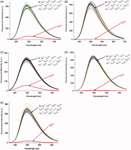 Figure 1. Fluorescence changes of 1a–1e (1 × 10−5M, Tris-HCl buffer, 1 mM) upon the addition of 5 equiv of various metal ions. The excited wavelength of 1a–1e: 465.0 nm, 465.0 nm, 410.0 nm, 465.0 nm, and 465.0 nm, respectively.