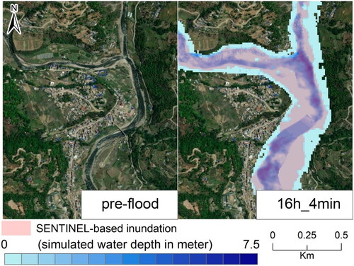 Figure 5. Pre-flood scenario and spatial distribution of simulated inundation for 16 h damming and 4 min dam breaching (16h_4min) overlaid over SENTINEL-based inundation across Melamchi Bazar.