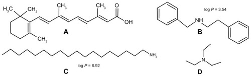 Figure 1 Chemical structure of RA (A), benethamine (B), stearylamine (C), and triethylamine (D).Abbreviation: RA, all-trans retinoic acid.