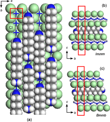 Figure 45. Schematic illustration showing the arrangements of alkylene diamine molecules between TiNCl layers; (a) ab projection: the linear alkylene diamine molecules are oriented parallel to the layers and aligned along the b-axis, (b) the bc projection for the arrangement of nonamethylene diamine (NMDA) molecules in the interlayer space of the TiNCl host structure with the space group Immm, and (c) the bc projection for the arrangement of decamethylene diamine (DMDA) molecules in the interlayer space of the host structure with the space group Bmmb. The unit cells are shown in red color in the projections. Reproduced from [Citation55] with permission of The Royal Society of Chemistry.