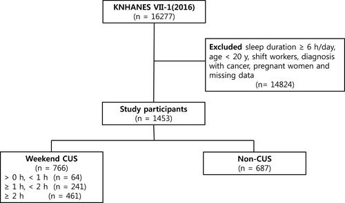 Figure 1 Flow diagram of study participants in KNHANES VII-1 2016.Abbreviations: KNHANES, Korean National Health and Nutrition Examination Survey; CUS, catch-up sleep; h, hour (s); y, years old; n, number.