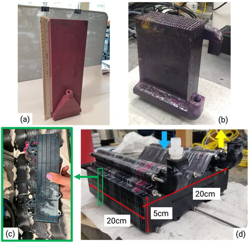 Fig. 6. Variants of monolithic small scale MPHX for 2in × 4in duct size in (a) 32 cm and in (b) 16 cm length with different header design. (c) Individual water plates used in the MPHX sub-scale demonstration assembly. (d) Overall look of the 3 D printed MPHX assembly with modular and scalable design that fits into a duct size of 5 cm × 20 cm (2in × 8in).