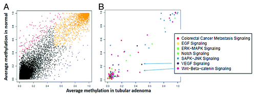 Figure 2. (A) Average methylation of promoter regions in normal and colon adenoma based on RefSeq genes annotations. Promoters that were hypermethylated only in normal colon are shown in red, while those hypermethylated only in colon adenoma are in blue, and promoters hypermethylated in both are shaded in orange. (B) Promoters from A filtered to include genes associated with various Gene Ontology (GO) terms. The Y-axis shows the average methylation in normal and the X-axis shows the average methylation in colonic adenomas.