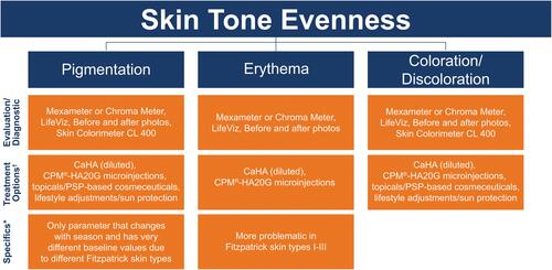 Figure 4 Skin tone evenness parameters, measurement methods, and treatment options.