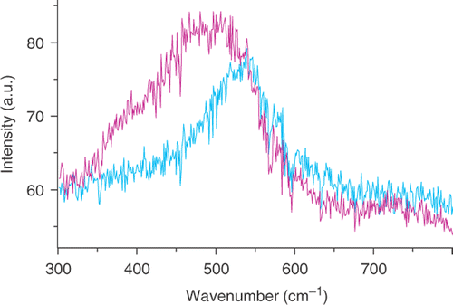 Figure 3. Raman spectrum obtained from Ni nanoparticles showing the line from Ni–O at 530 cm−1 from the NiO oxide layer on the surface of the particle at higher frequency and the spectrum in bulk NiO at lower frequency.