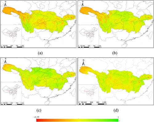 Figure 20. Seasonal aNDVI of reconstructed MOD09GQ-NDVI data using ED-SG: (a) winter, (b) spring, (c) summer, (d) fall.