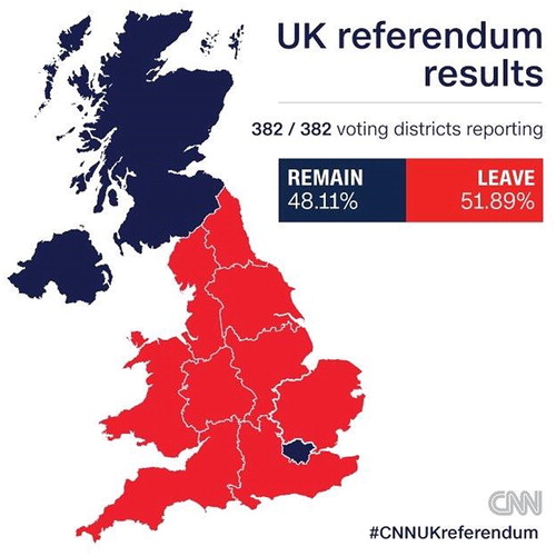 Figure 6. An imaginary of ‘Brexitland’ and ‘Remainia’. Source: CNN 2016 https://edition.cnn.com/2016/06/24/europe/eu-referendum-britain-divided/index.html.