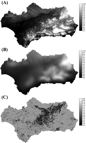 Figure 5 Favourableness maps predicted by the orographical(A), climatic (B) and vegetation (C) factors in each 1×1 km square of Andalusia.