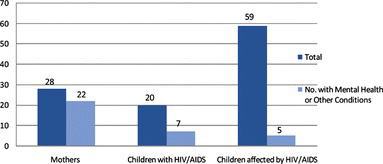 FIGURE 2 Identified mental health and other conditions for mothers with HIV/AIDS and their children in residence. This total is likely to be underreported. Compared to children with HIV/AIDS, few children affected by HIV/AIDS were evaluated for mental health and other conditions. (Figure is provided in color online.)