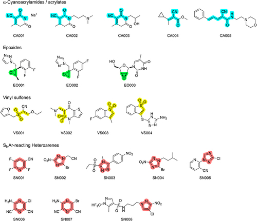 Figure 1 Chemical structures of the 20 fragments purchased for the CovLib. The scaffolds for the respective warhead types are highlighted in cyan for α-cyanoacrylamides/acrylates, in green for epoxides, in yellow for vinyl sulfones, and in light red for SNAr-type electrophiles.