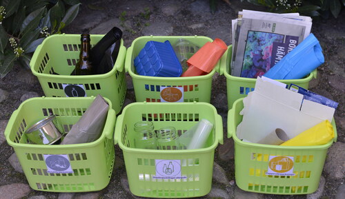 Figure 4. The sorting system delivered, from top left: colored glass (black), plastic packaging (red), newspapers (blue), metal (gray), colorless glass (colorless), and paper packaging (yellow). In addition, the residents already had the option to sort food waste (green).