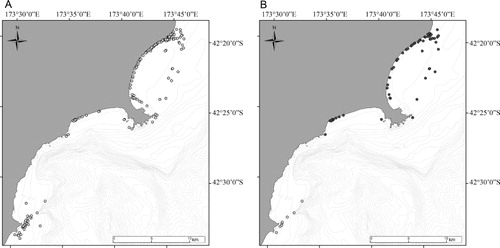 Figure 6 Map of the study area. A, All 164 groups of Hector's dolphins encountered during boat-based surveys between January and December 2013; B, sightings of Hector's dolphins with known identifications (n = 47) encountered only north of the Kaikoura Canyon (●) or only south of the canyon (○).