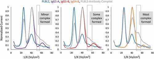 Figure 3. Ion mobility spectra of IgG1-A (purple), IgG1-B (red), and IgG4-B (orange) complexed to PLBL2 (blue) resulted in different quantities of 1:1 complex (gray) detected at ~51 1/K.