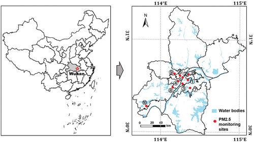 Figure 1. The study area and the spatial distribution of the 10 air quality monitoring sites (①-⑩) within Wuhan.