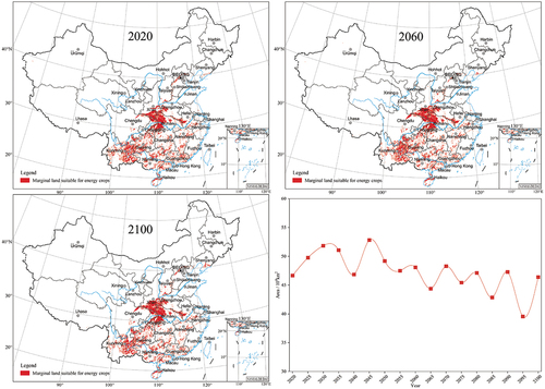 Figure 4. Potential marginal land distribution suitable for the energy crops Panicum virgatum L. in China under the SSP1–1.9 scenario from 2020–2100.