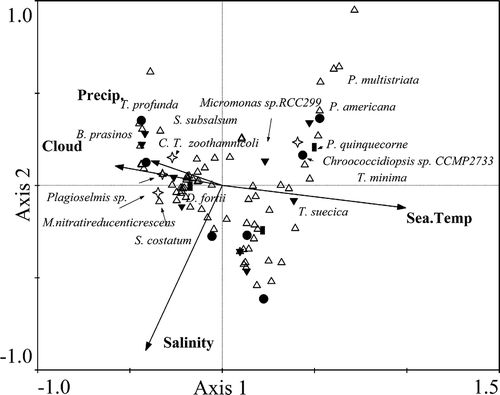 Fig. 5. Canonical correspondence analysis showing the relationships between environmental factors and dominant phytoplankton species including: Chroococcidiopsis sp. belonging to Cyanobacteria (●); Bathycoccus prasinos (B. prasinos), Micromonas sp. and Tetraselmis suecica (T. suecica) belonging to Chlorophyta (▼); Skeletonema costatum (S. costatum), Skeletonema subsalsum (S. subsalsum), Thalassiosira minima (T. minima), Pseudo-nitzschia multistriata (P. multistriata), Pseudo-nitzschia americana (P. americana) and Thalassiosira profunda (T. profunda) belonging to diatoms (△); Peridinium quinquecorne (P. quinquecorne) and Dinophysis fortii (D. fortii) belonging to dinoflagellates (■); Plagioselmis sp., Candidatus Thiobios zoothamnicoli (C. T. zoothamnicoli) and Methylophaga nitratireducenticrescens (M. nitratireducenticrescens) belonging to Proteobacteria (²).