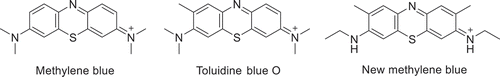 Scheme 1. Structure of cationic phenothiazinium dyes methylene blue (left), toluidine blue O (center) and new methylene blue (right)