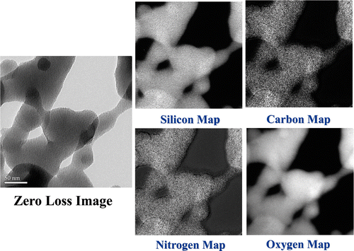 Figure 3. TEM images and EELS elemental mapping of silane-coated SiO2 nanpowders.