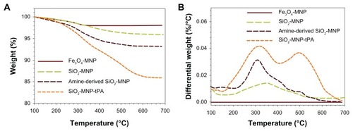 Figure 4 Thermogravimetric analysis of superparamagnetic iron oxide magnetic nanoparticle (Fe3O4-MNP), silica-coated magnetic nanoparticle (SiO2-MNP), SiO2-MNP surface modified with 3-aminopropyltriethoxysilane (amine-derived SiO2-MNP), and tissue plasminogen activator (tPA) bound to SiO2-MNP (SiO2-MNP-tPA).
