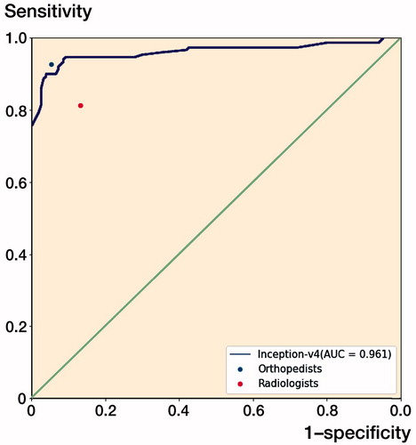 Figure 5. The receiver operating characteristic (ROC) curve for the test output of the Inception-v4 model. The dots on the plot represent the sensitivity and 1-specificity of the human groups (the blue dot represents the orthopedists’ group; the red dot represents the radiologists’ group). The sensitivity/1-specificity dot of the radiologists’ group lies below the ROC curve of the Inception-v4 model, and the sensitivity/1-specificity dot of the orthopedists’ group lies above the ROC curve of the Inception-v4 model.