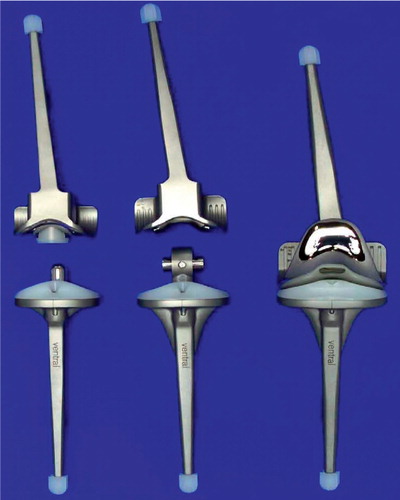 Figure 1. Both rotational (left) and hinge (center) knee prostheses, optionally furnished with patella flange (right). Flexion and rotation of the rotational knee prosthesis take place in a cross-joint. A connecting piece, which is fixed to the tibial component and links it to the femoral component of the hinge knee prosthesis, features a borehole for the joint axis.