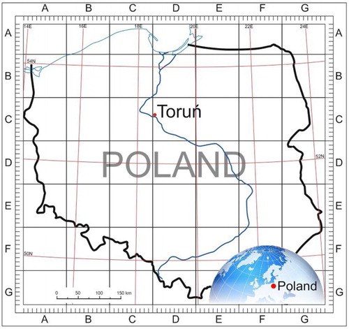 Figure 1. Location of the study area on a geographical grid and the ATPOL grid.