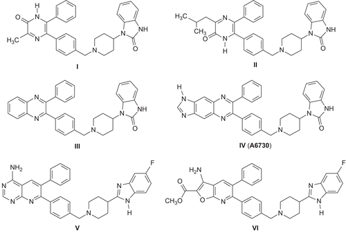 Figure 1.  Structures of pyrazinones I–II, 2,3-diphenylquinoxalines III–IV, and fused pyridines V–VI, Akt kinase inhibitors.