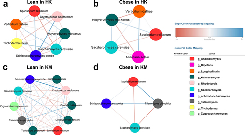 Figure 4. Intra-kingdom co-occurrence networks between fungal taxa in the feces of lean and obese subjects from Hong Kong and Kunming cohorts. (a) Lean in HK; lean group from Hong Kong cohorts; (b) obese in HK; obese group from Hong Kong cohorts; (c) lean in KM; lean group from Kunming cohorts; (d) obese in KM; obese group from Kunming cohorts. Colored nodes represent operational taxonomic units (OTUs) assigned to major genera. Edges between nodes stands for either positive (blue) or negative (red) co-abundance relationships inferred from OTU abundance profiles using the SparCC method (pseudo p<0.05, correlation value ≤−0.1 or ≥0.1).