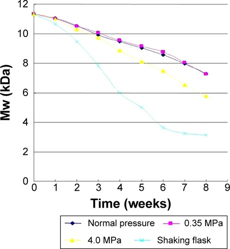 Figure 7 The molecular weight changes of bFGF-PLGA MS during degradation in the static pressure loading experiment.