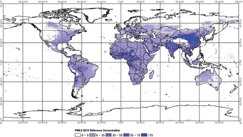 Figure 3. Global reference PM2.5 concentration in 2010.
